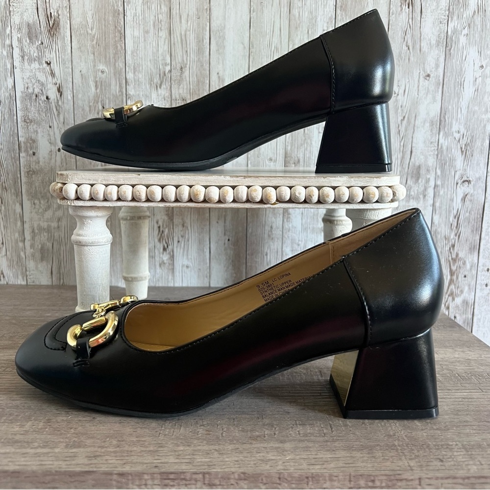 Liz Claiborne Black Leather Block Heel Pumps with Gold Hardware